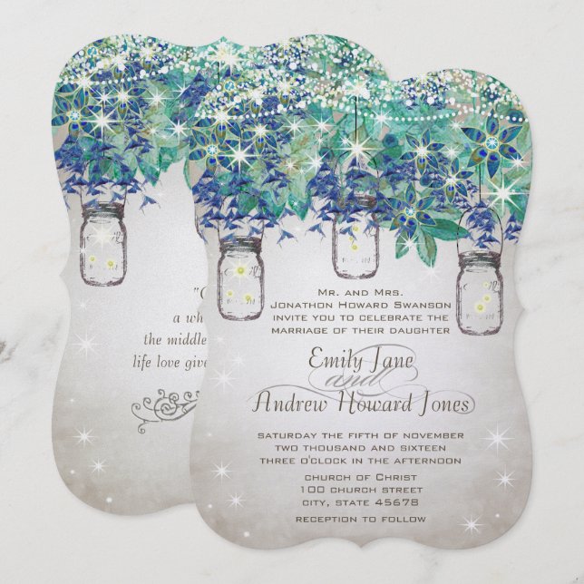 Rustic Luxe Navy und Türkis Mason Jar Einladung (Vorne/Hinten)