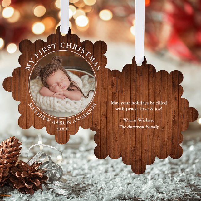 Rustic Ma première carte d'ornement photo de Noël (A greeting card that is also an ornament! Customize with your photo and personalized text.)