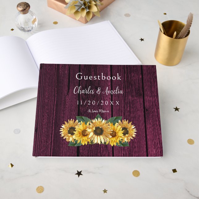 Rustic Magenta Sunflower Wedding Gästebuch (Vorderseite Offen)