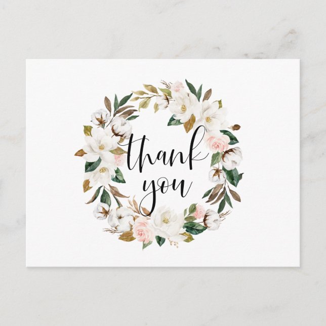 Rustic Magnolia und Cotton Wreath Vielen Dank Postkarte (Vorderseite)