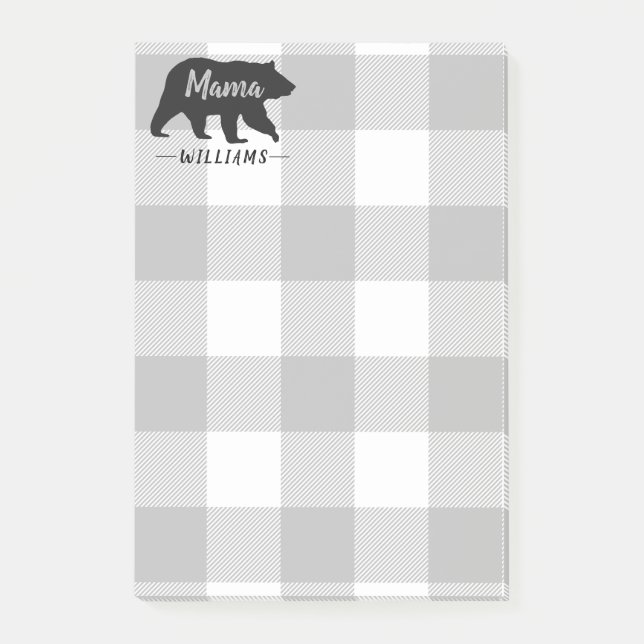 Rustic Mama Bear Grau Black Monogram Name 4x6 Post-it Klebezettel (Vorderseite)