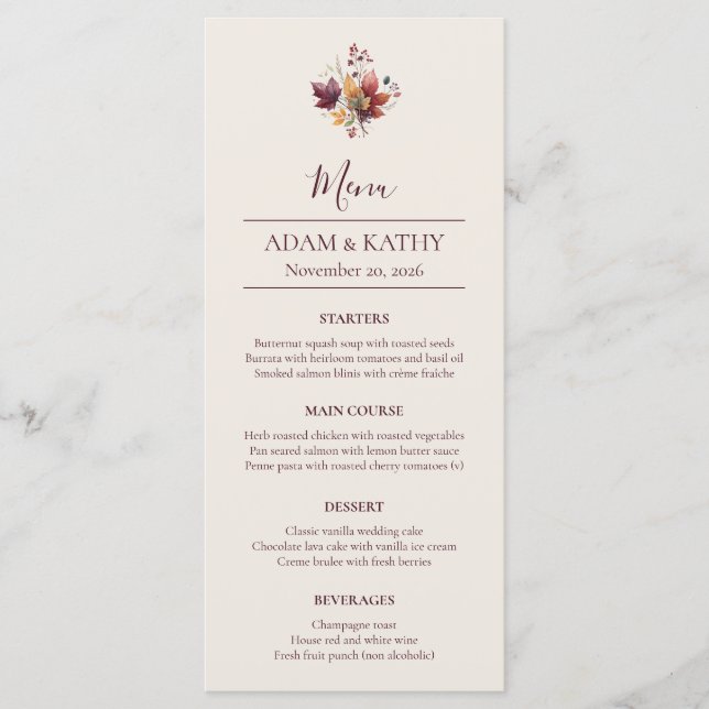 Rustic Maple Leaf Fall Wedding Menu Card (Devant)