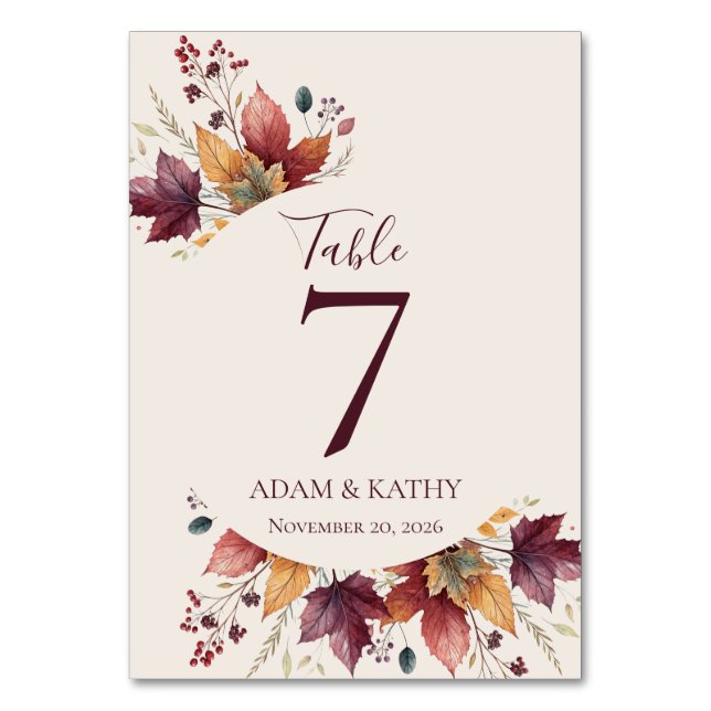 Rustic Maple Leaf Fall Wedding Table Numbers Tischnummer (Vorderseite)