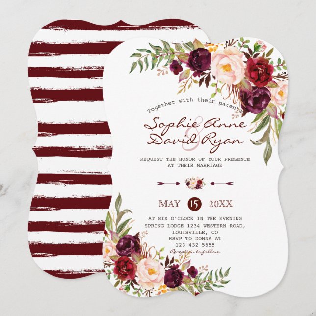Rustic Marsala floral Burgundy Stripes Wedding Einladung (Vorne/Hinten)