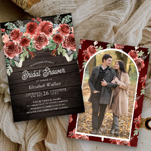 Rustic Marsala Floral Foto Holz Brautparty Einladung