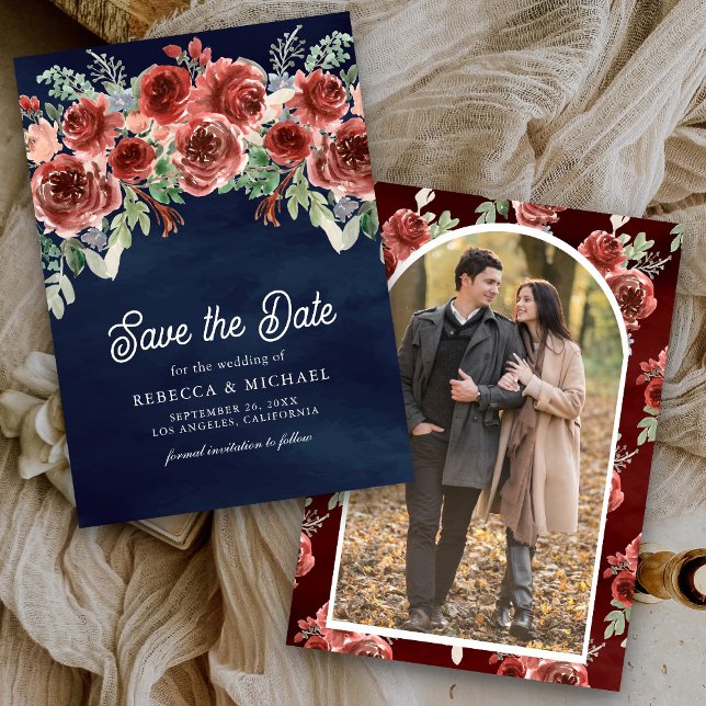 Rustic Marsala Floral Foto Navy Blue Wedding Save The Date (Von Creator hochgeladen)