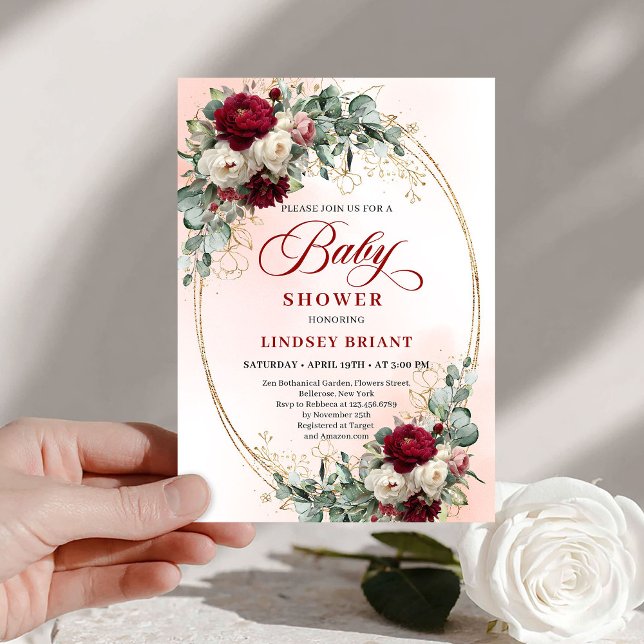 Rustic Marsala Floral Gold Baby Shower Invitation (Rustic Marsala Floral Gold Baby Shower Invitation)