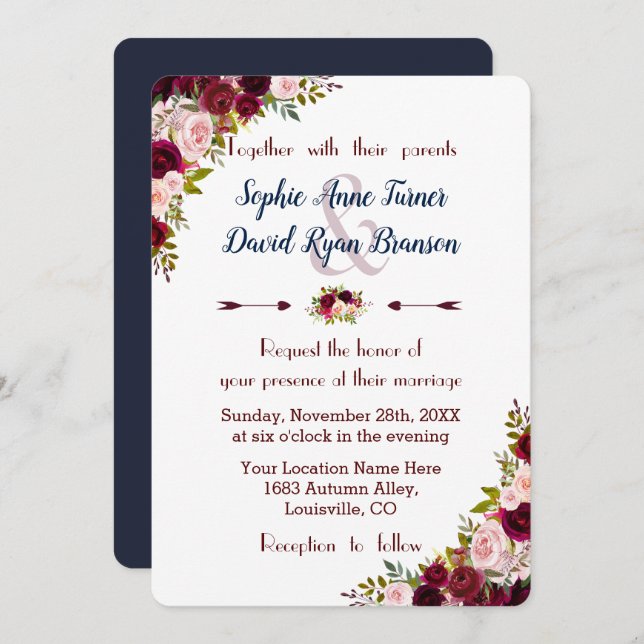 Rustic Marsala Floral Navy Blue Wedding Invitation (Devant / Derrière)