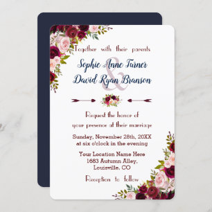 Rustic Marsala Floral Navy Blue Wedding Invitation