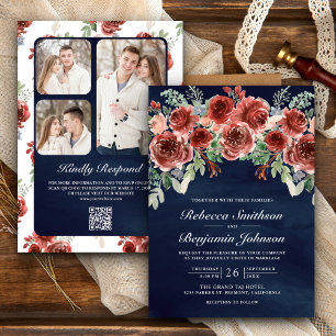 Rustic Marsala Floral Photo QR Code Navy Wedding Einladung