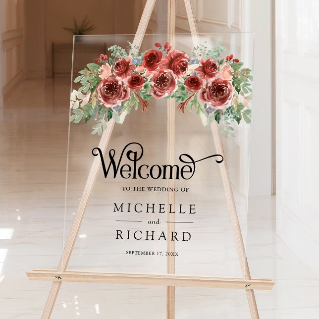 Rustic Marsala Floral Wedding Welcome Acrylschild (Von Creator hochgeladen)