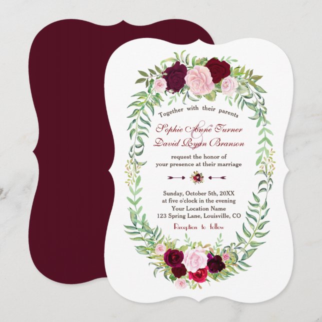 Rustic Marsala Floral Wreath Burgundy Wedding Einladung (Vorne/Hinten)