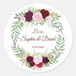 Rustic Marsala Floral Wreath Burgundy Wedding RSVP Runder Aufkleber