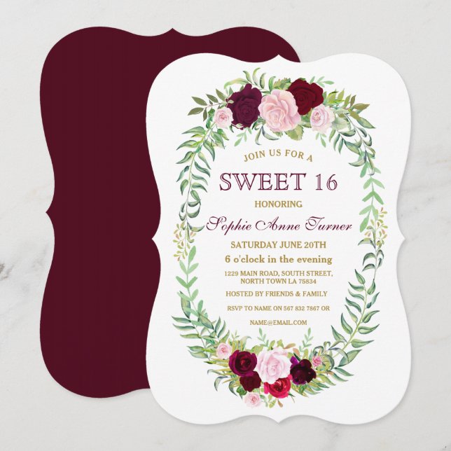 Rustic Marsala Floral Wreath Sweet 16 Einladung (Vorne/Hinten)