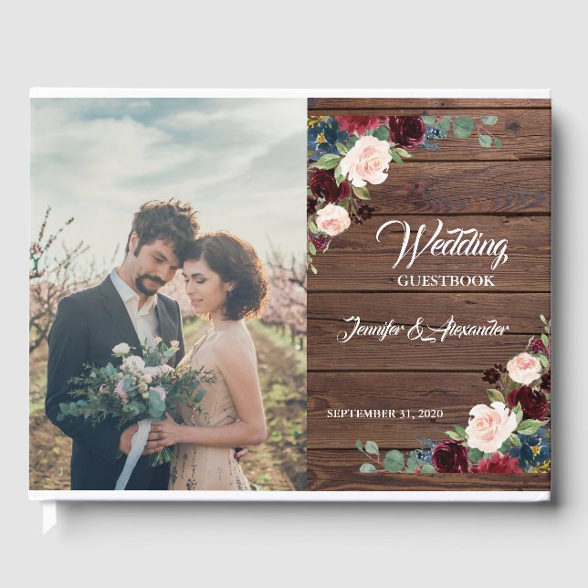 Rustic Marsala Wood Floral Wedding Gästebuch (Vorderseite)