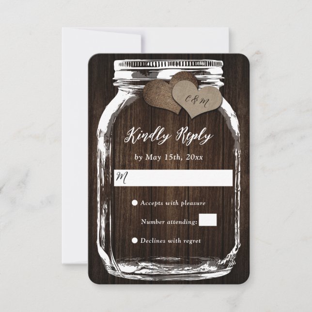 Rustic Mason Jar Barn Wood Burlap Wedding RSVP (Vorderseite)