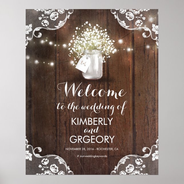 Rustic Mason Jar Barn Wood Wedding Willkommenszeic Poster (Vorne)