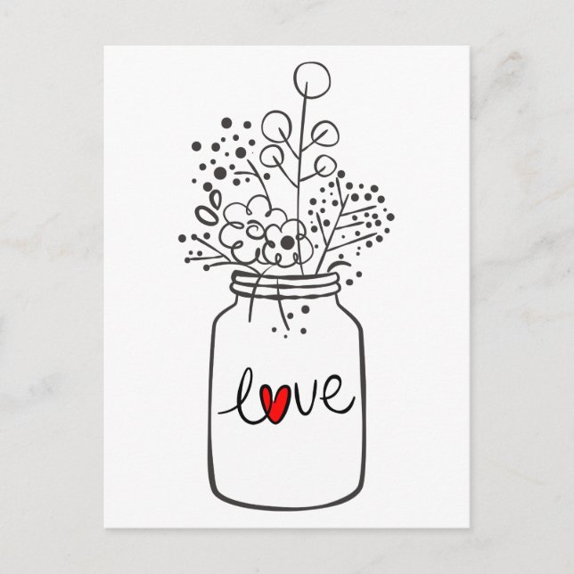 Rustic Mason Jar Black und White Liebe Blume Postkarte (Vorderseite)