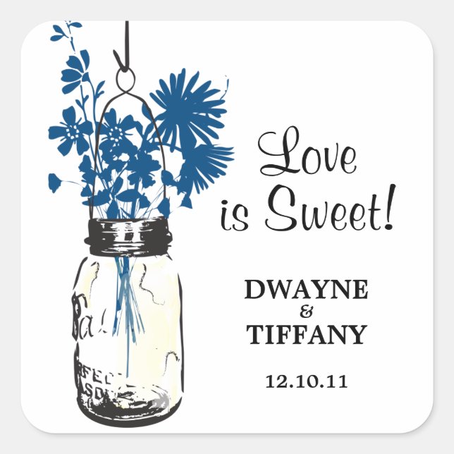 Rustic Mason Jar & Blue Wildblumen Quadratischer Aufkleber (Vorderseite)