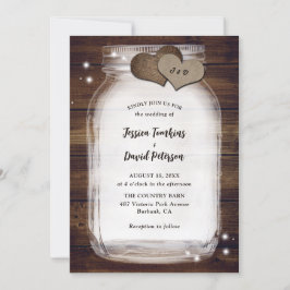 Rustic Mason Jar Burlap Hearts Barn Wood Wedding Einladung