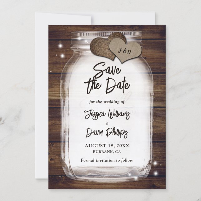 Rustic Mason Jar Burlap Hearts Monogram Wedding Save The Date (Vorderseite)