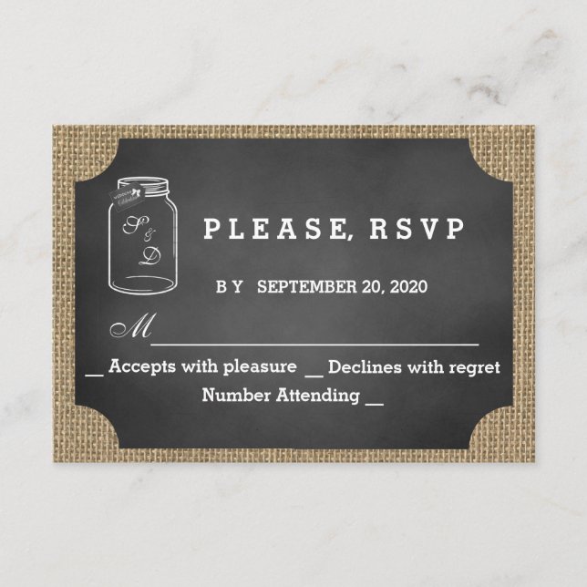 Rustic Mason Jar Chalkboard Burlap Wedding RSVP (Vorderseite)