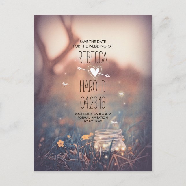Rustic Mason Jar Fireflies Natur Save the Date Ankündigungspostkarte (Vorderseite)