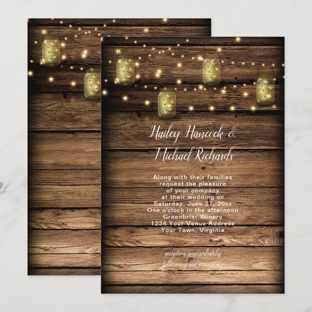 Rustic Mason Jar Fireflies String Lights Einladung (Vorne/Hinten)