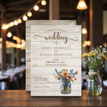 Rustic Mason Jar Floral on Wood Wedding Invitation