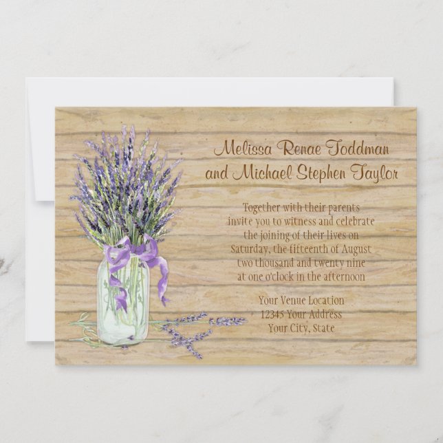 Rustic Mason Jar French Lavender Bouquet Wedding Einladung (Vorderseite)