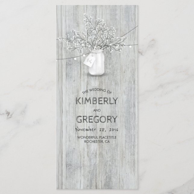 Rustic Mason Jar Gipskraut Hochzeitsprogramme Programm (Vorderseite)