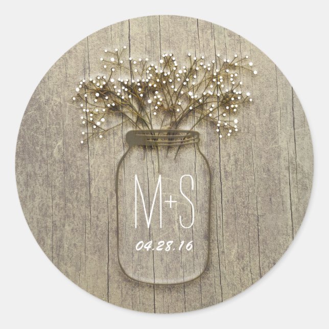 Rustic Mason Jar Gipskraut Wedding Runder Aufkleber (Vorderseite)