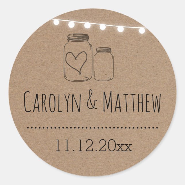 Rustic Mason Jar Heart String Lights Wedding Runder Aufkleber (Vorderseite)