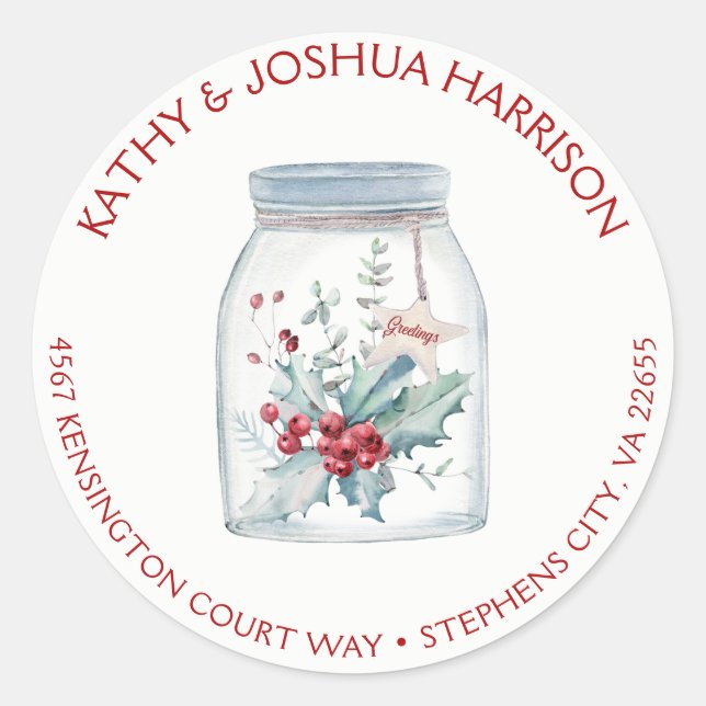 Rustic Mason Jar Holly Verlasse Berries Adresse | Runder Aufkleber (Vorderseite)