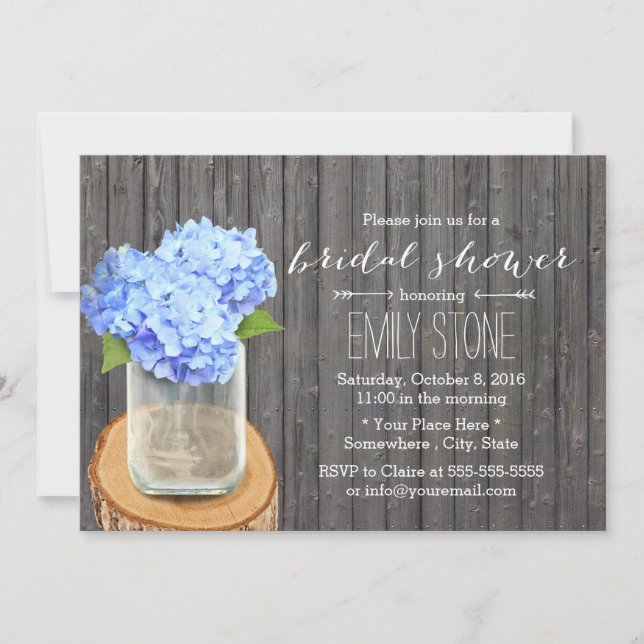 Rustic Mason Jar Hydrange Barn Wood Brautparty Einladung (Vorderseite)