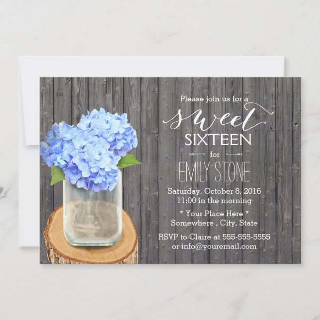Rustic Mason Jar Hydrangea Barnholz Süß 16 Einladung (Vorderseite)