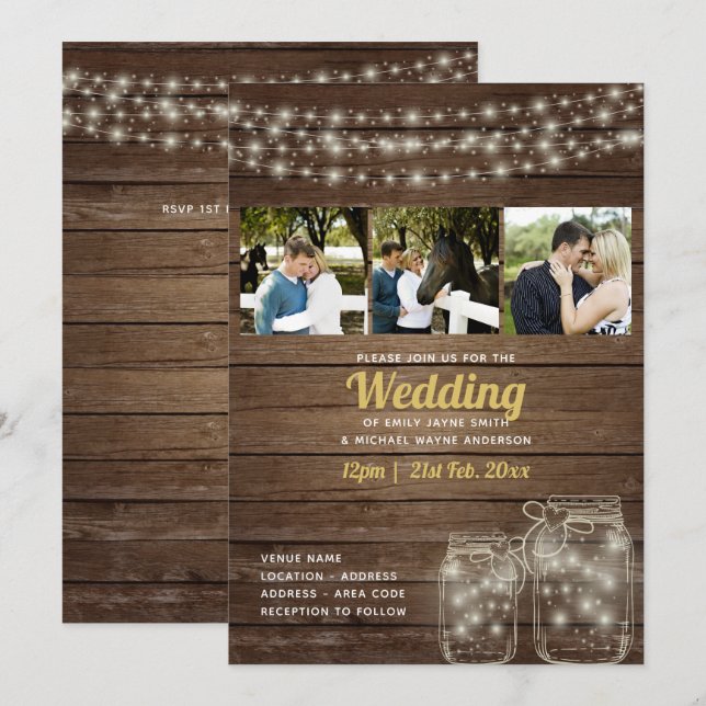 Rustic Mason Jar Lights FOTO COLLAGE Wedding Einladung (Vorne/Hinten)