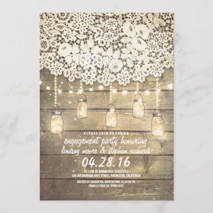Rustic Mason Jar Lights Lace Wood Engagement Party Einladung