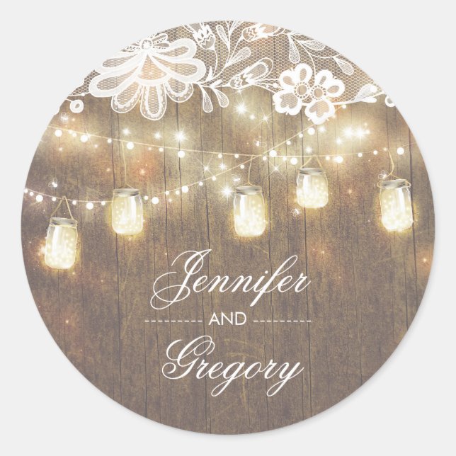 Rustic Mason Jar Lights Lace Wood Wedding Runder Aufkleber (Vorderseite)