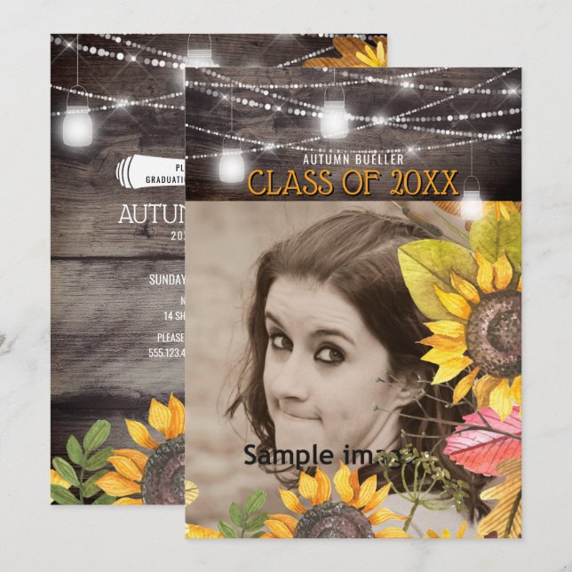 Rustic Mason Jar Lights Sonnenblumen Foto Abschlus Einladung (Vorne/Hinten)
