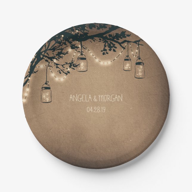 Rustic Mason Jar Lights Tree Wedding Pappteller (Vorderseite)