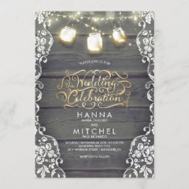 Rustic Mason Jar Lights Wood and Lace Wedding Einladung