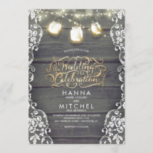 Rustic Mason Jar Lights Wood and Lace Wedding Einladung