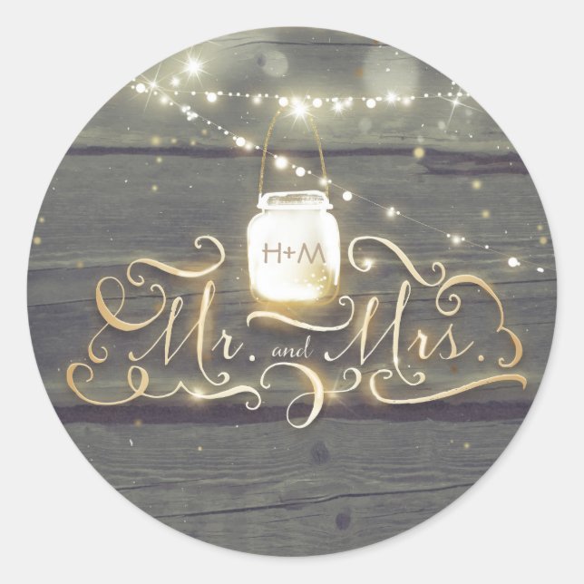 Rustic Mason Jar Lights Wood Barn Wedding Runder Aufkleber (Vorderseite)