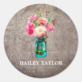 Rustic Mason Jar mit Blume Name Runder Aufkleber