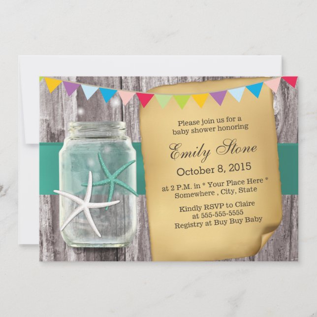 Rustic Mason Jar & Starfish Babydusche Einladung (Vorderseite)