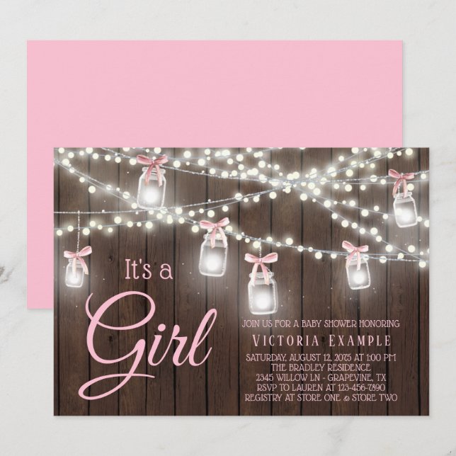 Rustic Mason Jar String Light Baby Dusche Inv Einladung (Vorne/Hinten)