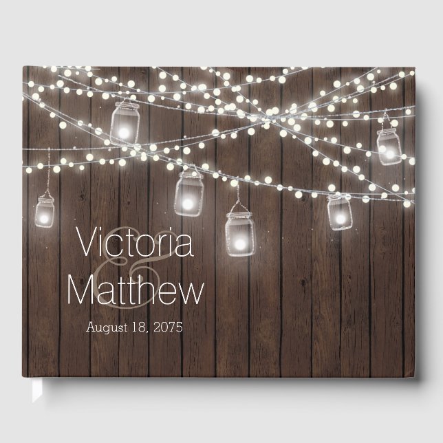 Rustic Mason Jar String Light Wedding Guest Book Gästebuch (Vorderseite)
