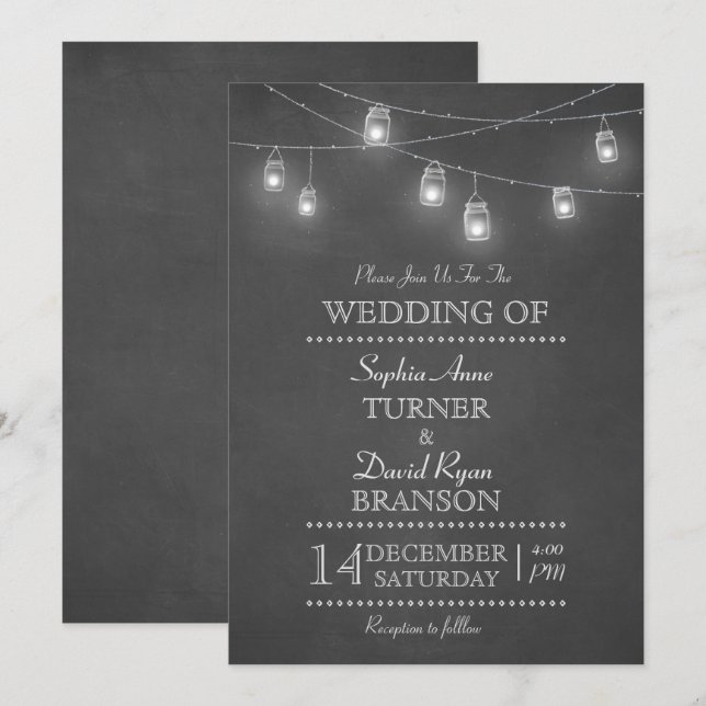 Rustic Mason Jar String Lights Hochzeitseinladung Einladung (Vorne/Hinten)