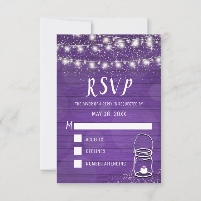 Rustic Mason Jar String Lights Violet Wedding RSVP (Vorderseite)